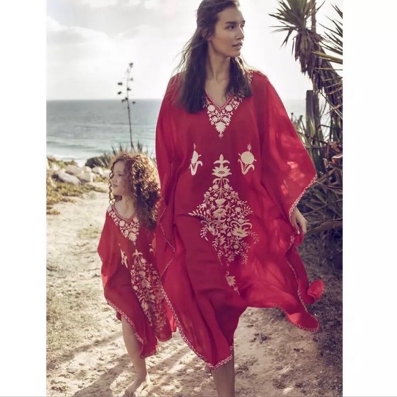 Boho Indie Embroider Cotton Kimono Kaftan Maxi, Beach Coverup Kaftan Red Dress - Picture 2 of 7